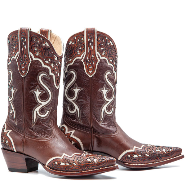 Men's Moka Genuine Leather Hand tooled Western Cowboy Boots Square