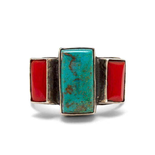 Southwestern Sterling Coral and Turquoise Ring - Heritage Boot