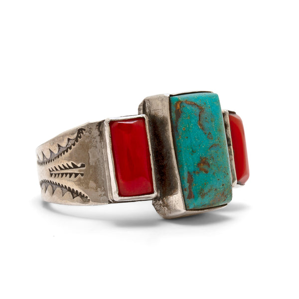 Southwestern Sterling Coral and Turquoise Ring - Heritage Boot